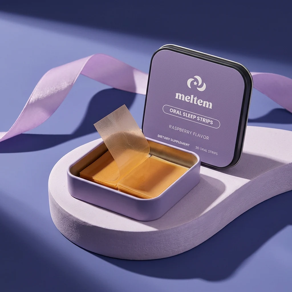 An open Meltem tin with a delicate amber oral strip, lavender stone and sculptural satin