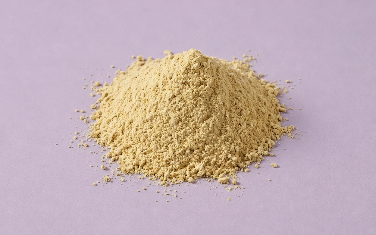 Chamomile represented as a fine ingredient powder on a matching pale lavender studio background