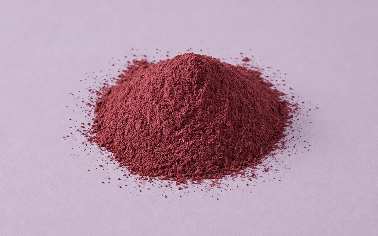 Hibiscus represented as a fine ingredient powder on a matching pale lavender studio background