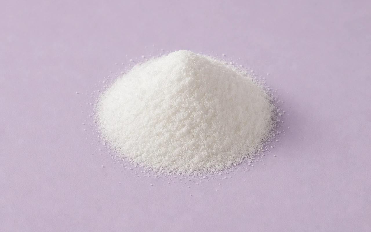 Melatonin represented as a fine ingredient powder on a matching pale lavender studio background