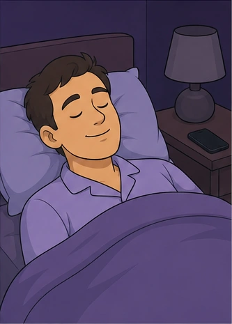 The same cartoon man sleeps in bed with his eyes closed, the room dark, the bedside lamp off and his phone face down.