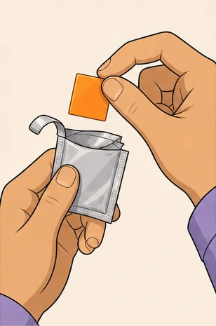 The man's left hand holds the peeled foil sachet while his right thumb and index finger pinch a thin square orange strip.