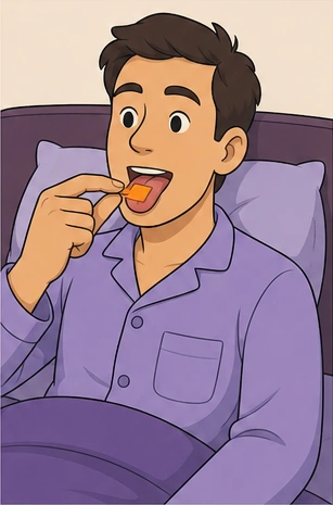 The same cartoon man sits upright in bed and places the square orange strip flat on his tongue with his right hand.