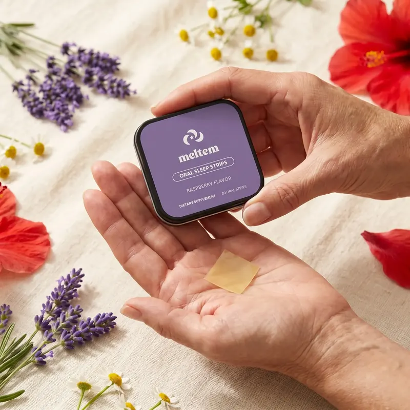 Hands holding the Meltem tin with a single oral sleep strip resting in the palm, surrounded by lavender, chamomile and hibiscus flowers.